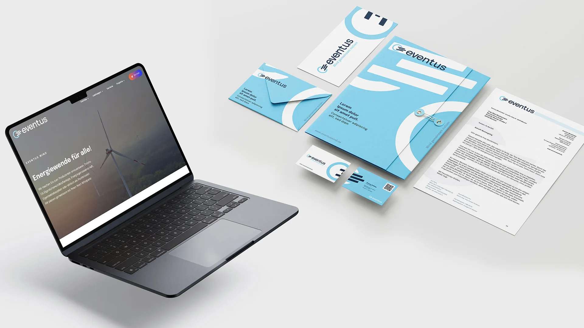 Branding von Eventus Wind auf Laptop-Website, Briefbogen, Umschlag, Mappe und Visitenkarten in Hellblau